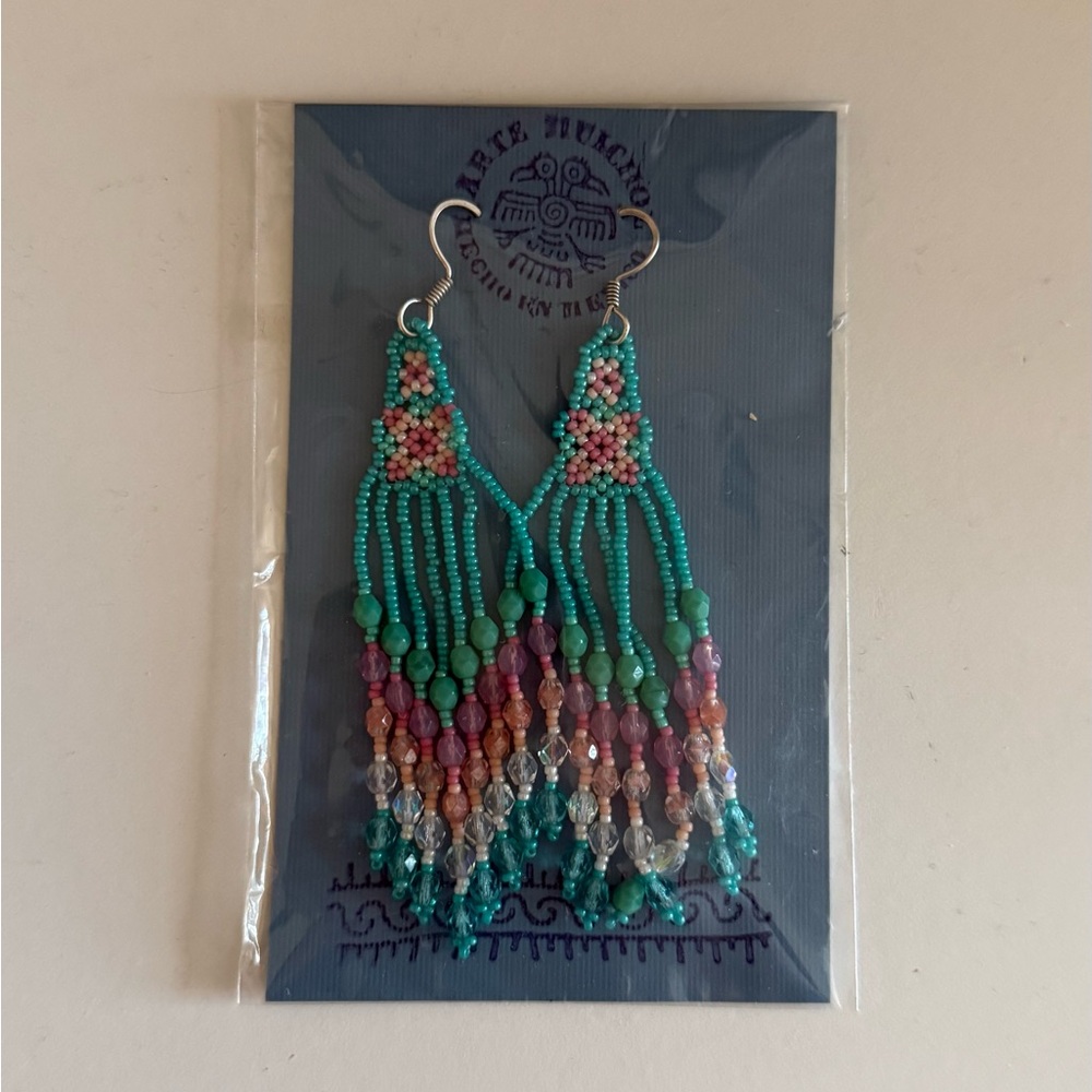 Beaded Dangle Earrings with Multicolor Fringe